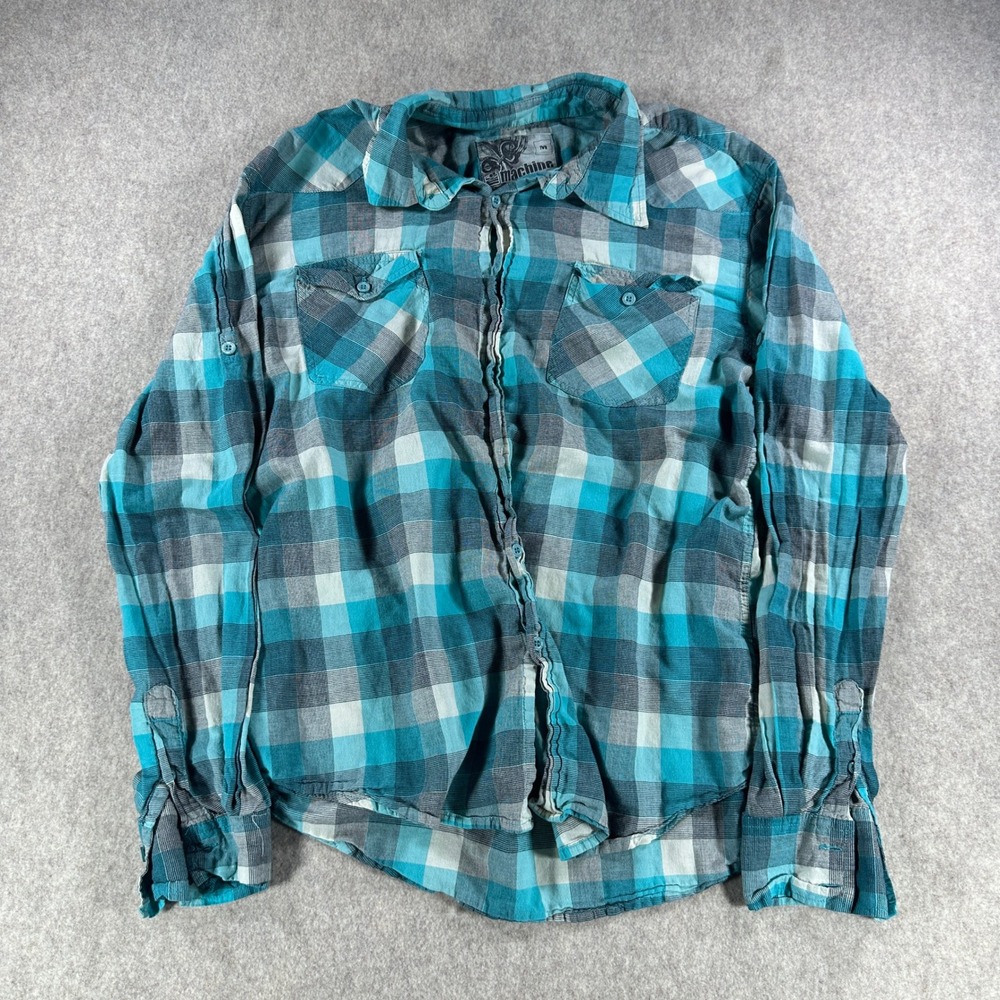 Machine Mens Plaid Button Up Shirt Distressed Long Sleeve Teal Gray Size Medium